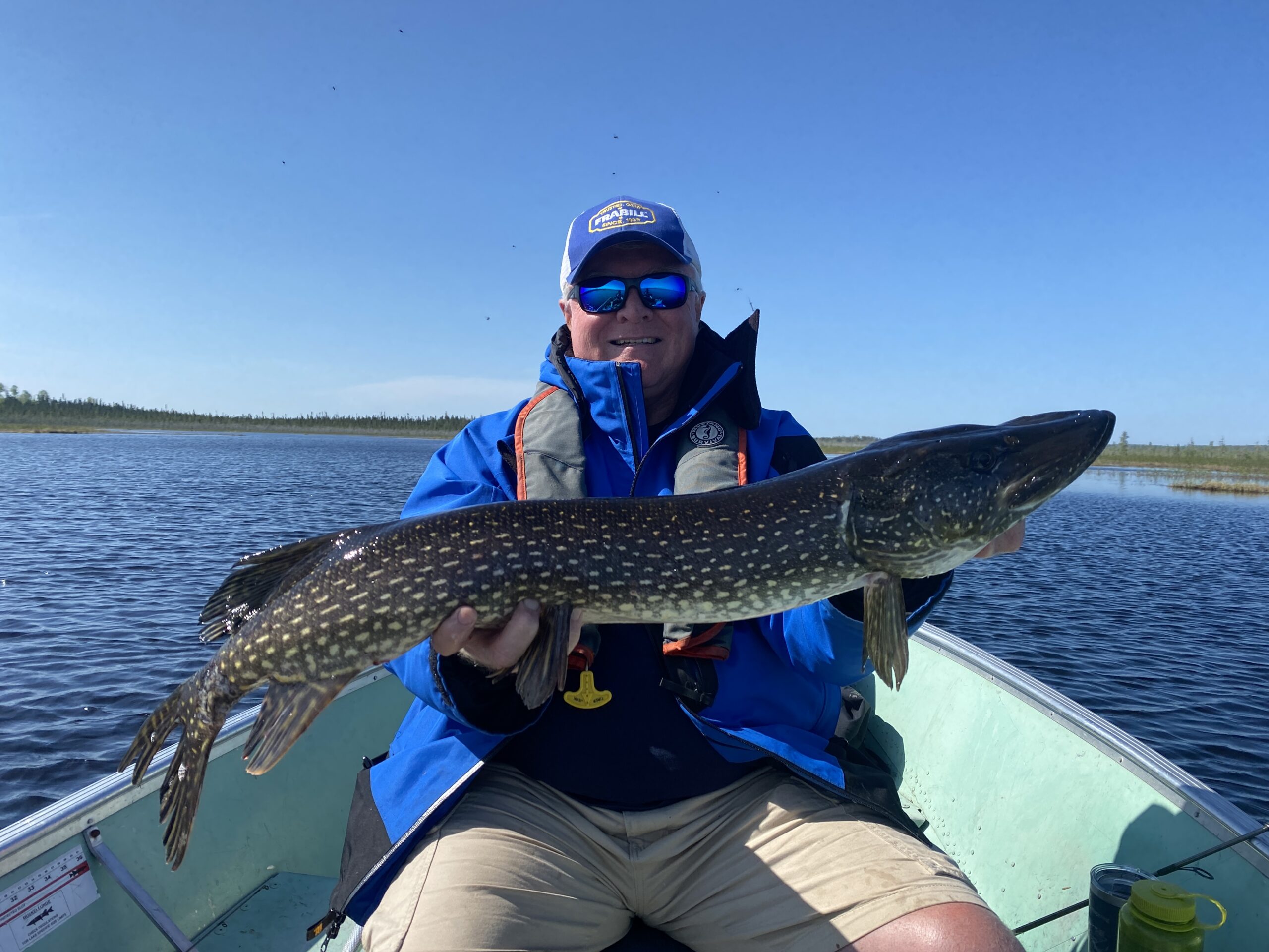 Chris holding a northern pike under a clear sky on Kag.
